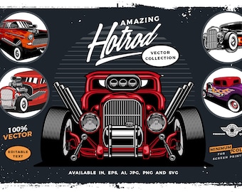 May include: A collection of four vintage hot rod cars, including a red hot rod with chrome exhaust pipes and a black grille, a red and black hot rod with a visible engine, a purple hot rod with flames on the side, and a black hot rod with flames on the back. The text "AMAZING Hotrod VECTOR COLLECTION" is at the top of the image.