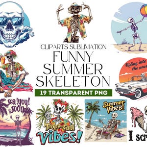 Zabawny letni szkielet clipart, retro plażowy szkielet PNG, tropikalna czaszka sublimacja, szkielet wakacje clipart, upiorny letni PNG, plaża PNG