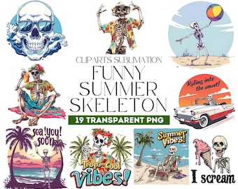 Funny Summer Skeleton Clipart, Retro Beach PNG (Digital Download)