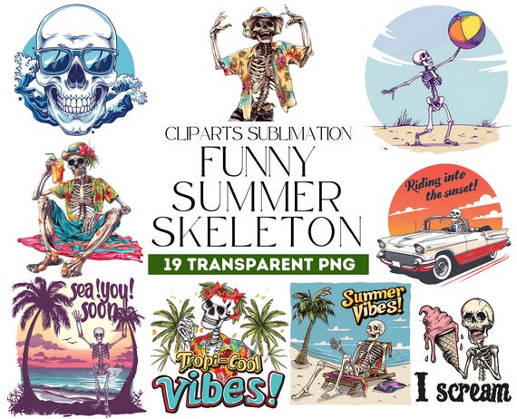 Funny Summer Skeleton Clipart, Retro Beach PNG (Digital Download)