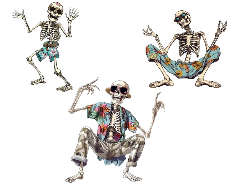 funny skeleton png, summer skeleton art, tropical skull png, spooky beach clipart, retro skeleton png, halloween summer png, skeleton surf art, gothic beach clipart, summer vibes png, spooky clipart set, digital download, skeleton vacation, skeleton png