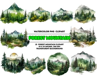 Watercolor Mountain Forest Clipart: Landscape PNG Set (Digital Download)