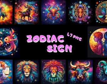 Zodiac Bundle PNG Sublimation Horoscope Design Rainbow Fantasy Galaxy Celestial Star Sign Design Bottle Print Digital Download