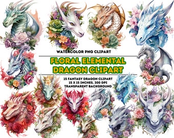 Floral Dragon Clipart, Watercolor Fantasy PNG, Gothic Dragons (Digital Download)