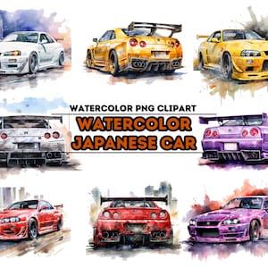 Bundle de cliparts aquarelle R34 GTR, collection d'art de voitures japonaises, affiche JDM, clipart en téléchargement immédiat, voiture japonaise, Jdm Hot Hatch, GTR