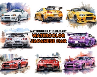 R34 GTR Watercolor Clipart Bundle, Japanese Car Art Collection, JDM Poster, Instant Download Clipart, Japanese Car Svg, Jdm Hot Hatch, GTR