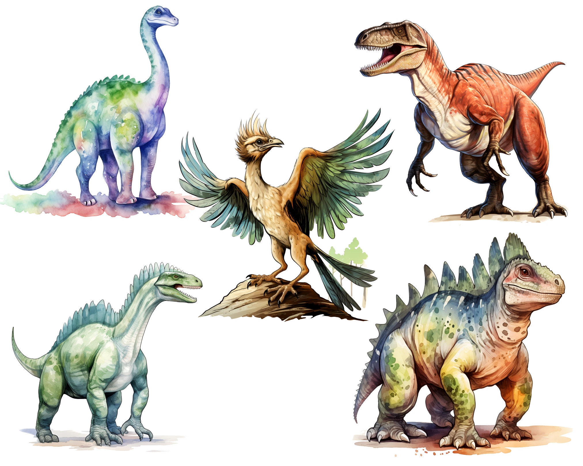 Watercolor Dinosaurs Clipart Bundle: Fantasy T-rex PNG (digital ...