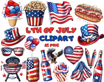 Watercolor 4th of July Clipart, Patriotic USA PNG (Digital Download)