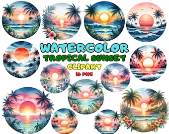 Watercolor Tropical Sunset Clipart: Beach Landscape Graphics (PNG Digital Download)