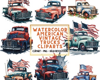 Watercolor American Truck Clipart: Retro SUV PNG Bundle (Digital Download)
