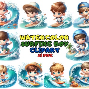 Watercolor Surfing Boy Clipart: Summer Beach Illustrations (PNG)