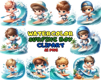 Watercolor Surfing Boy Clipart: Summer Beach Illustrations (PNG)
