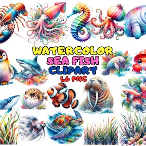 Watercolor Sea Creatures Clipart | Octopus, Penguin, Turtle, Clownfish, Ocean Animals Illustrations | Instant Download for Commercial Use