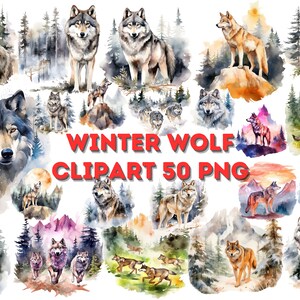 Watercolor Winter Wolf Clipart: 50 PNG Forest Animal Illustrations (Digital Download)