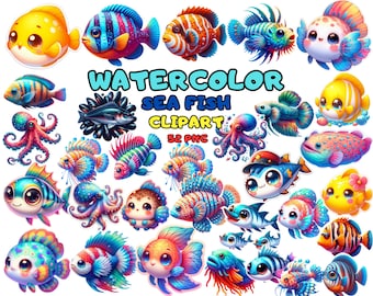 Watercolor Sea Animals Clipart, Undersea Nursery Art (PNG)