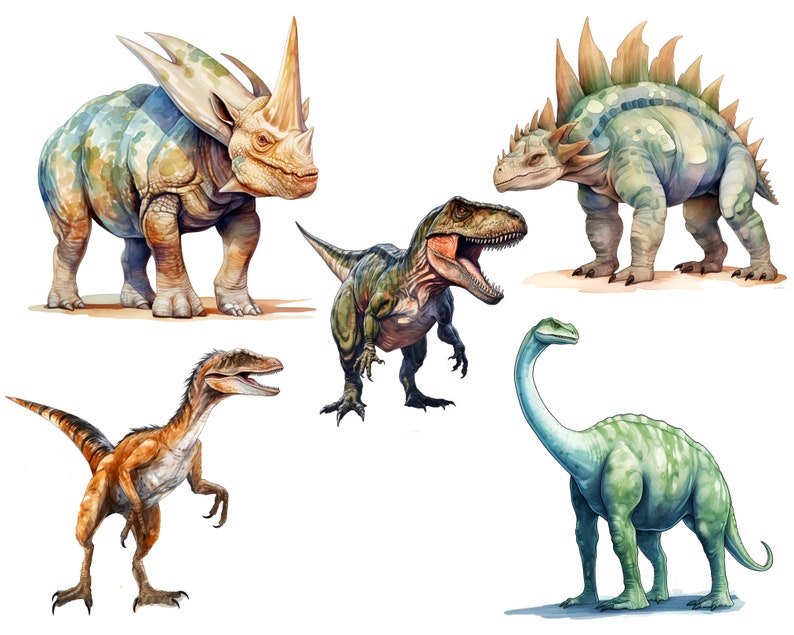 Watercolor Dinosaurs Clipart Bundle: Fantasy T-rex PNG (digital ...