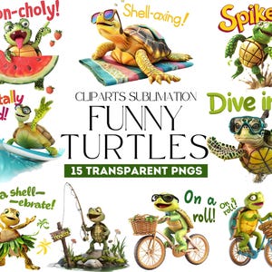 Imágenes prediseñadas de tortugas divertidas, paquete de diseños de sublimación, 15 imágenes de tortugas transparentes, lindos dibujos animados de tortugas, gráficos PNG imprimibles, tortugas divertidas