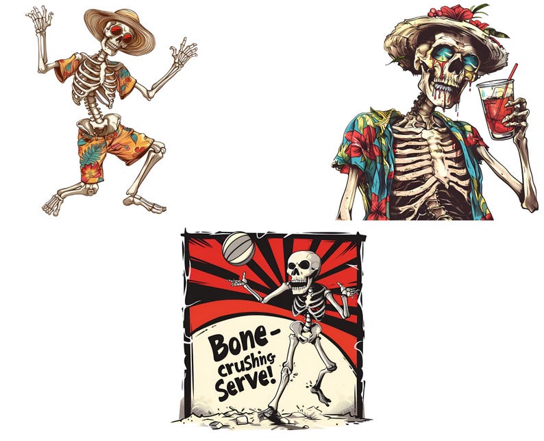 funny skeleton png, summer skeleton art, tropical skull png, spooky beach clipart, retro skeleton png, halloween summer png, skeleton surf art, gothic beach clipart, summer vibes png, spooky clipart set, digital download, skeleton vacation, skeleton png