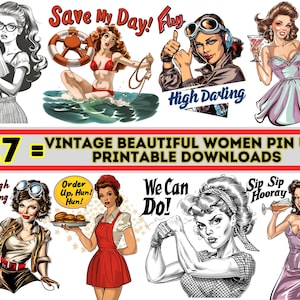 27 Vintage Pin Up Girls, Beautiful Women Pin Ups/Pin-Up Beautiful Retro Printable Downloads for Wall Decor, Digital Vintage Posters, Pin-Up