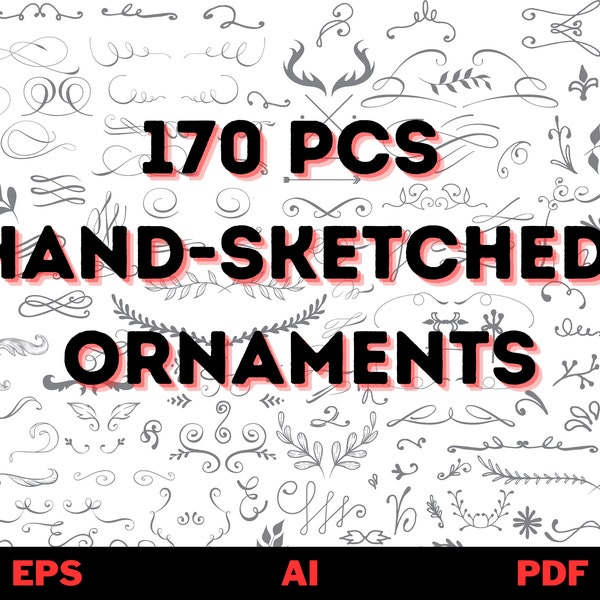 170 pcs Hand-Sketched Ornaments, Hand drawn design elements, sketched clip art, catchwords, swirls, hand drawn decorative elements, Download