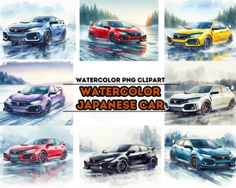 Japanese Hot Hatch JDM Car Watercolor Clipart Bundle (PNG Digital Art)