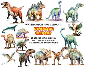 May include: Watercolor clipart set of 15 dinosaurs, including a green and blue stegosaurus, a green and blue brachiosaurus, a green and brown triceratops, a green and brown pterodactyl, a green and brown velociraptor, a green and brown ankylosaurus, a green and brown tyrannosaurus rex, a green and brown parasaurolophus, a green and brown spinosaurus, a green and brown apatosaurus, a green and brown carnotaurus, a green and brown dilophosaurus, a green and brown iguanodon, a green and brown pachycephalosaurus, and a green and brown compy. The clipart is 12x12 inches and 300 DPI.