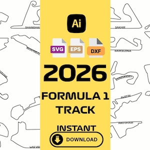 Op de afbeelding: Zwart-witte lijntekeningen van Formule 1-circuits, waaronder Zandvoort en Austin. De afbeelding bevat de tekst "2026 Formula 1 Track" met pictogrammen voor bestandstypen en een knop voor direct downloaden.