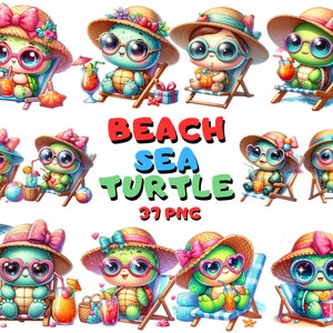 Schicke Strand Meeresschildkröte Clipart, wunderliches Tier PNG, lebhafte Urlaubsstrand Vibes Kunst, entspannendes tropisches Dekor, Sommer Sublimationsdesign