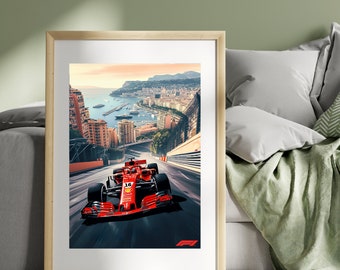 Könnte beinhalten: Ein roter Formel-1-Rennwagen rast eine kurvenreiche Straße in Monaco hinunter. Das Auto befindet sich im Vordergrund, die Stadt Monaco im Hintergrund. Das Auto trägt die Nummer 16 an der Seite.