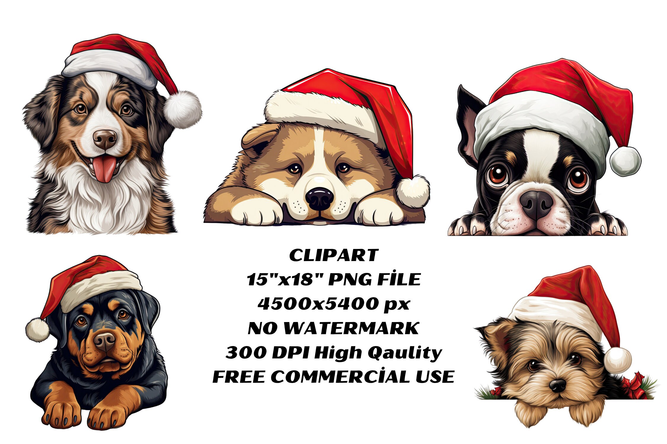 Christmas Dogs, 30 Santa Dogs PNG Clipart Bundle 29 Breeds, Christmas