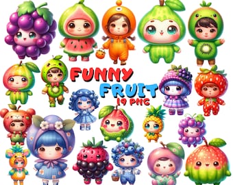 Clipart de frutas divertidas, linda fruta PNG, linda comida PNG, linda caricatura PNG, clipart para niños, calcomanía PNG, decoración de guardería, clipart comercial transparente