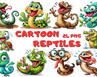 Funny Cartoon Reptiles Clipart, Animal Illustrations (PNG, Instant Download)