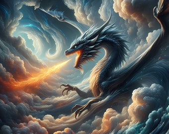 White Dragon Soaring Above Clouds Art Print (Digital Download)