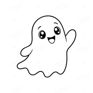 Op de afbeelding: Een zwart-wit lijntekening van een vriendelijk spookfiguurtje met grote, expressieve ogen en een brede, vrolijke glimlach. Het spookje is afgebeeld in een zwaaiende beweging met één arm omhoog, met een eenvoudige, ronde en vloeiende vorm.