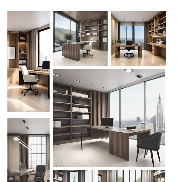 Modern office space with wooden furniture and great views backgrounds, zoom virtual office, Elegant minimalistic backgrounds, virtual BG