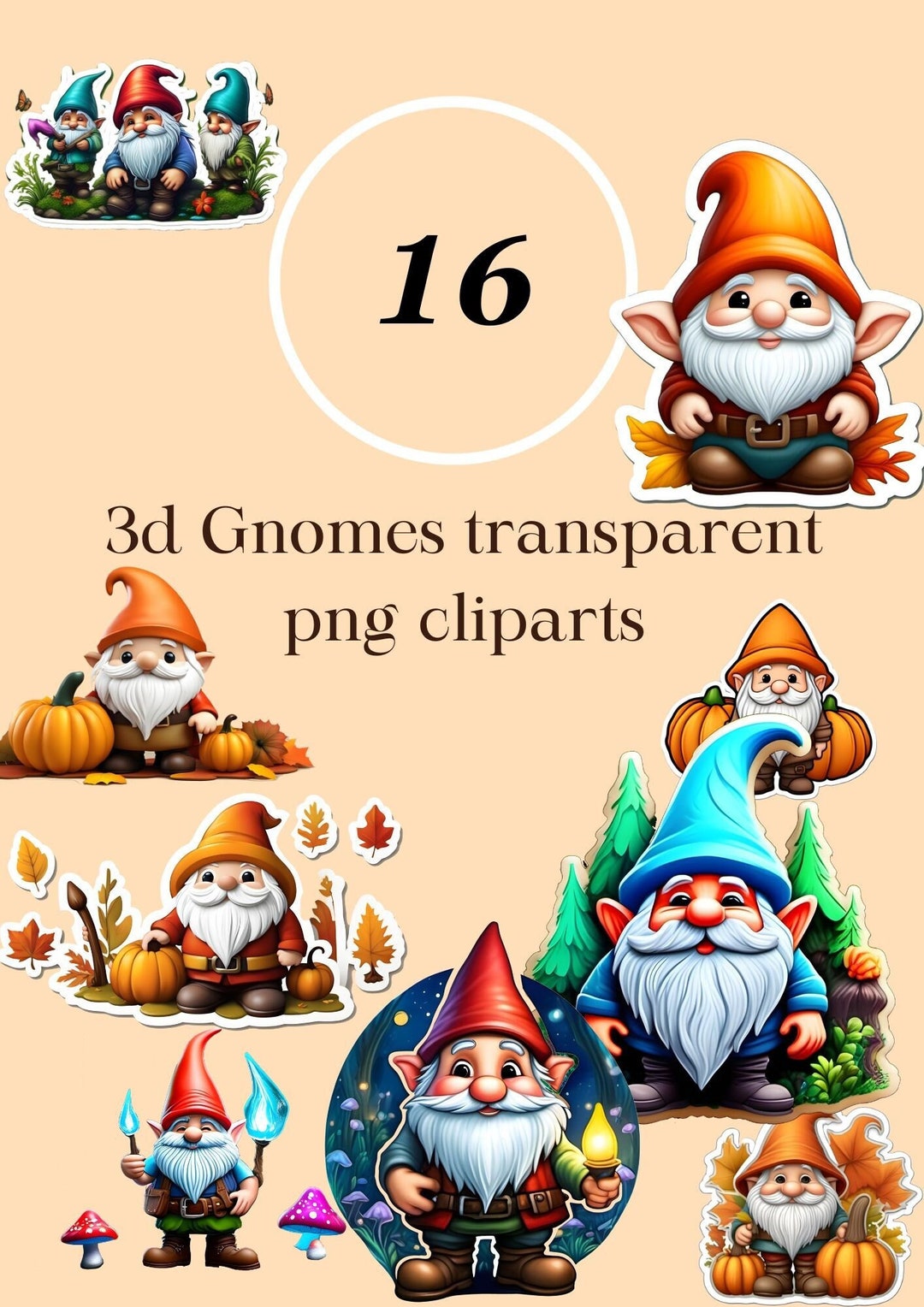 16 Cute Gnomes Clipart Bundle 3d Gnomes Png Thanksgiving Etsy