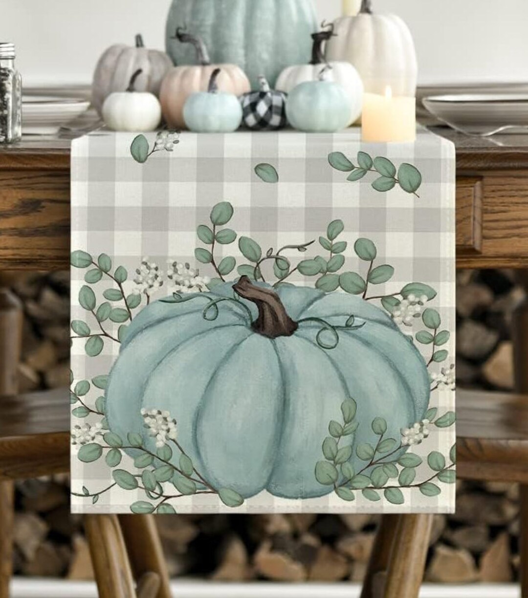 Fall Table Runner Buffalo Plaid Pumpkin Eucalyptus Leaves - Etsy