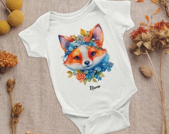 Süßer Flower Baby kurzarm Body mit Fuchs personalisierbar