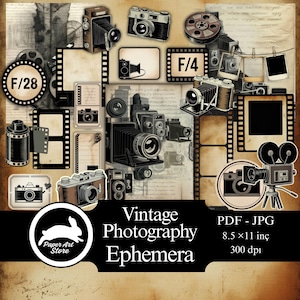 Efímeros de cámaras vintage, marcos de tiras de película, etiquetas imprimibles, diario de recortes de fotografía retro, recortes para álbumes de recortes, etiquetas para fotos, efímeros