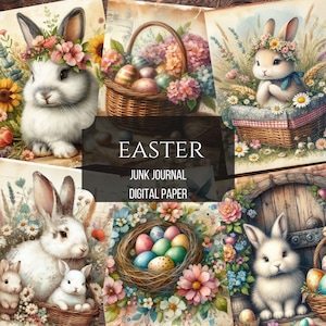 Effimeri di diario di Pasqua primaverile, collage di coniglietti pasquali, effimeri di Pasqua stampabili, kit di diario di Pasqua, Pasqua floreale, album di ritagli di Pasqua