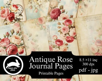 Shabby Chic Rose Junk Journal Kit, Vintage Floral Ephemera,Collage Sheet, Vintage Printable Pages, Pink Roses, Scrapbooking & Journaling