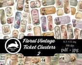 Floral Vintage Ticket Clusters, Printable Fussy Cuts, Digital Flower Fussy Cuts, Grunge Labels, Clusters- Journal Supplies, scrap book