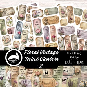 Puede incluir: Un conjunto de clusters de boletos vintage florales. Los boletos presentan varias ilustraciones florales, incluyendo rosas, peonías y lavanda, con textos como "Rose", "Peony" y "Ticket". La imagen incluye el texto "Floral Vintage Ticket Clusters 2" y las dimensiones 21,6 x 27,9 cm.
