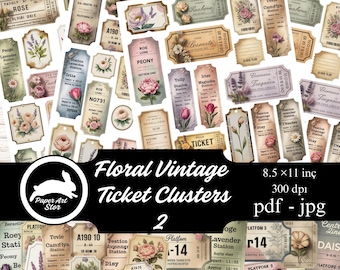 Floral Vintage Ticket Clusters, Printable Fussy Cuts, Digital Flower Fussy Cuts, Grunge Labels, Clusters- Journal Supplies, scrap book