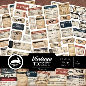 Può includere: Una collezione di biglietti ed etichette in stile vintage con vari testi e numeri. I disegni presentano un mix di caratteri e layout, con una tavolozza di colori beige, marrone e nero. Sono visibili anche le parole "Vintage Ticket Clusters".