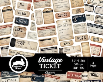Conjuntos de efímeros de billetes vintage / Billetes de tren imprimibles / Kit de efímeros para diarios creativos / Etiquetas antiguas - Efímeros retro - Etiquetas de billetes antiguos