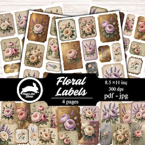 May include: A collection of vintage-style floral labels featuring roses and lavender in shades of pink, purple, and cream. The labels are printed on aged paper with a distressed look. The text "Floral Labels" and "Paper Art Store" are visible.