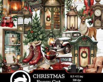 Puede incluir: Una ilustración navideña con elementos festivos, como una chimenea, un coche antiguo, patines y un ciervo. La imagen presenta coronas, faroles y un reloj. El texto "CHRISTMAS Fussy Cut" se muestra en la parte inferior, con medidas en pulgadas.