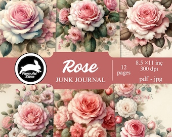 Pink Rose Junk Journal, Shabby Chic Ephemera-French Junk Journal, Pink Digital Paper, Spring Ephemera, Garden Journal, Printable Paper