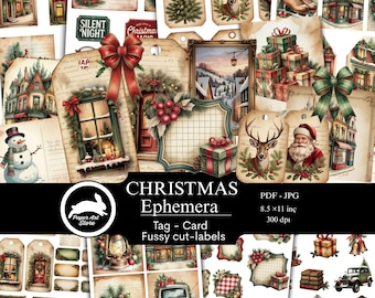 May include: A collection of vintage-style Christmas ephemera, including tags, cards, and fussy cut labels. The designs feature festive elements like a snowman, deer, Santa Claus, Christmas trees, and gift boxes. The text "CHRISTMAS Ephemera" is displayed prominently.